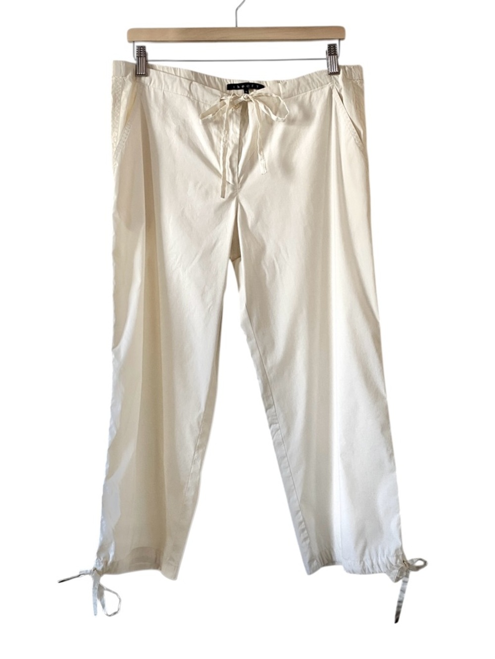 Theory Drawstring Cropped Cream Cotton Blend Beachy Coastal Lightweight Pants M